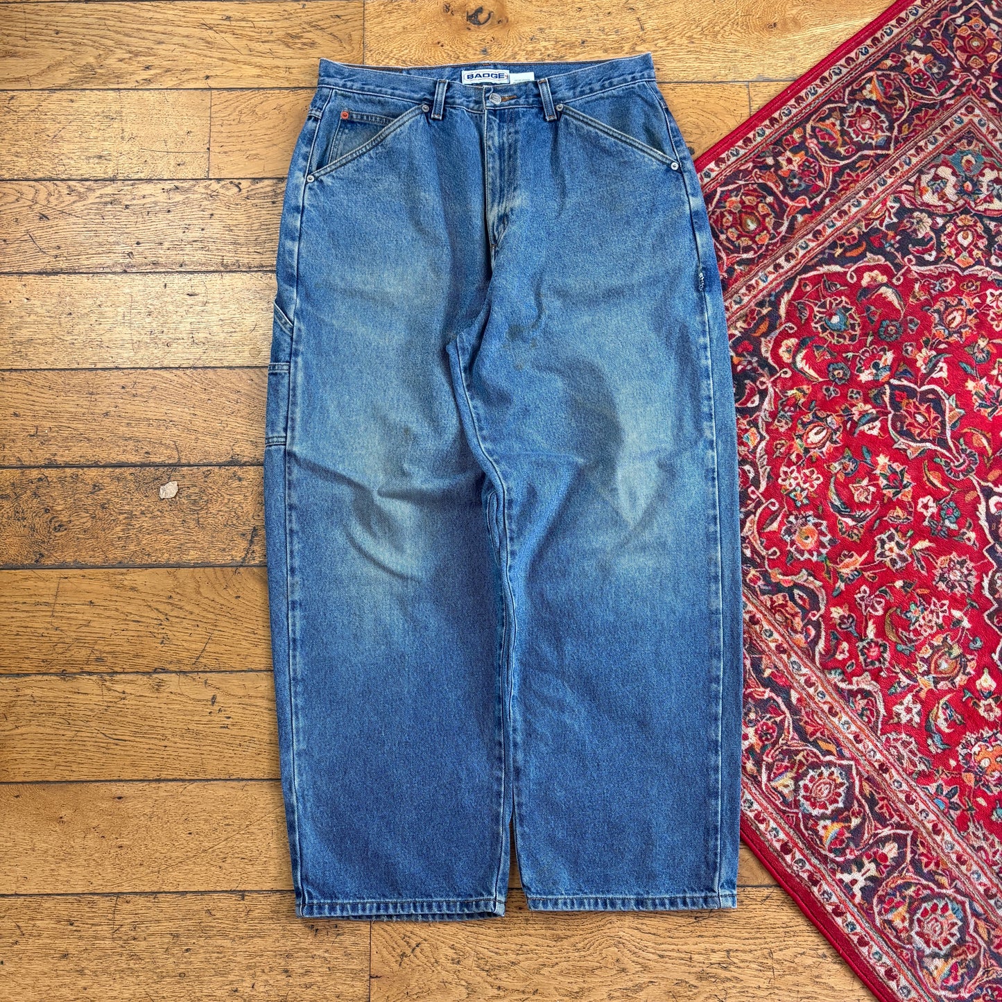 Vintage Blue Embroidered Y2K Hip Hop Carpenter Baggy Jeans - 34