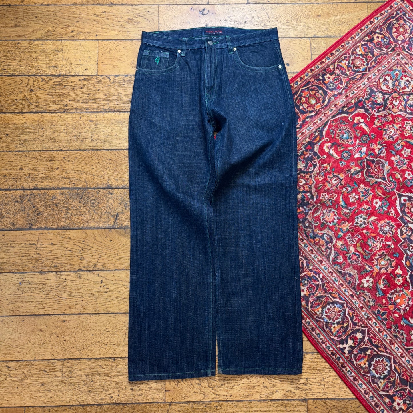 Vintage Dark Blue Embroidered Y2K Hip Hop Baggy Jeans - 34R