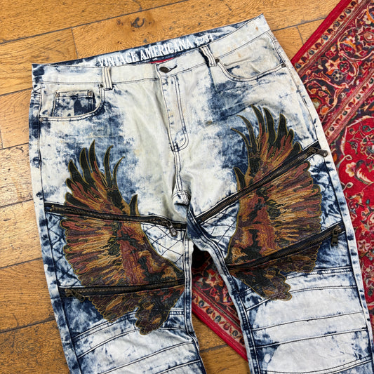 Vintage Blue Acid Bleach Wash Embroidered Y2K Hip Hop Skinny Jeans - 42