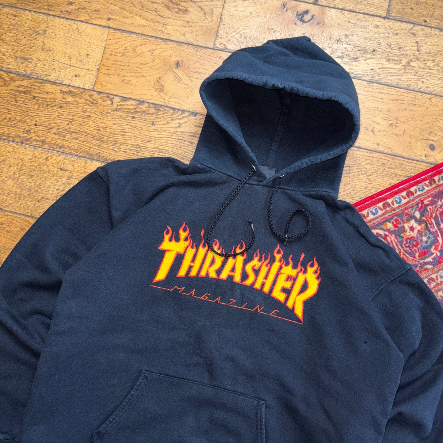 Vintage Thrasher Black Flames Hoodie Skate Sweatshirt - M
