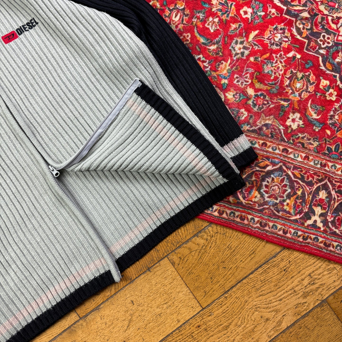 Vintage Diesel Embroidered Grey Zip Chunky Knit Jumper - L