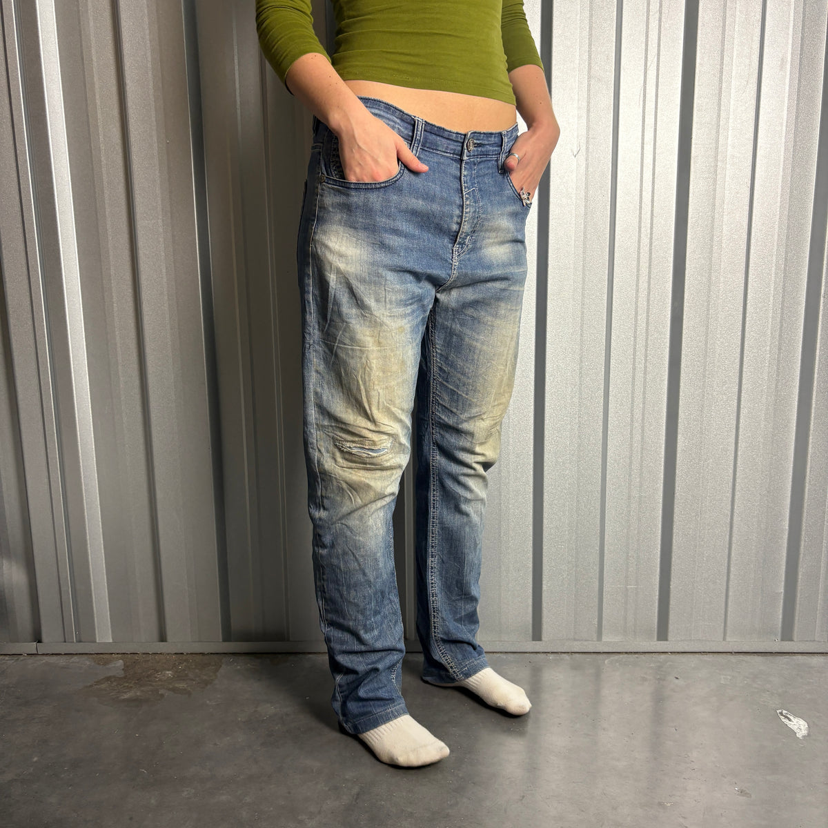 Embroidered Oniarai Blue Grunge Japanese Denim Hip Hop Y2K Baggy Jeans - 34S