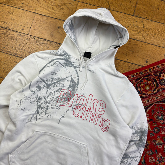 Vintage Broke Clothing White Grunge Embroidered Hoodie Sweatshirt - L