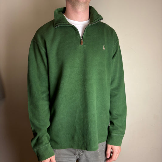 Vintage Ralph Lauren Green Quarter Zip Chunky Knit Jumper - XL