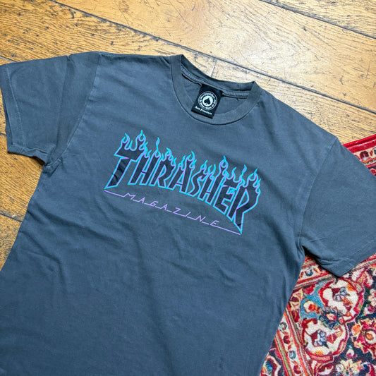 Vintage Thrasher Flames Grey Skate Graphic T-Shirt - XS