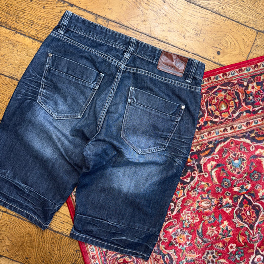 Vintage Blue Double Knee Denim Shorts - 34
