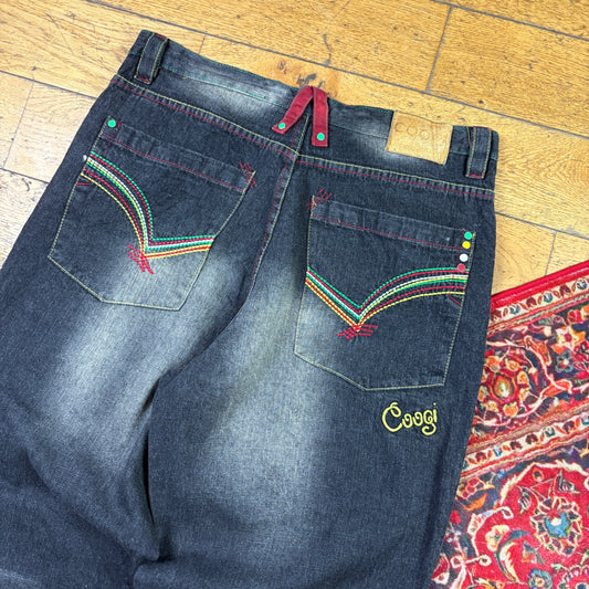 Vintage Coogi Washed Black Embroidered Y2K Hip Hop Baggy Jeans - 38