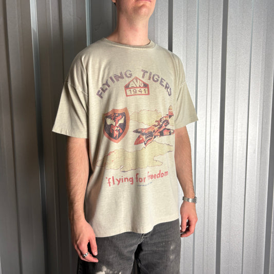 Vintage 1987 Avirex Cream Flying Tigers Single Stitch Graphic T-Shirt - L