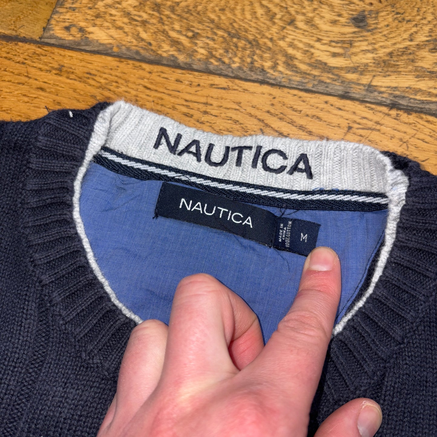 Vintage Nautica Navy Cable Embroidered Knit Jumper - M