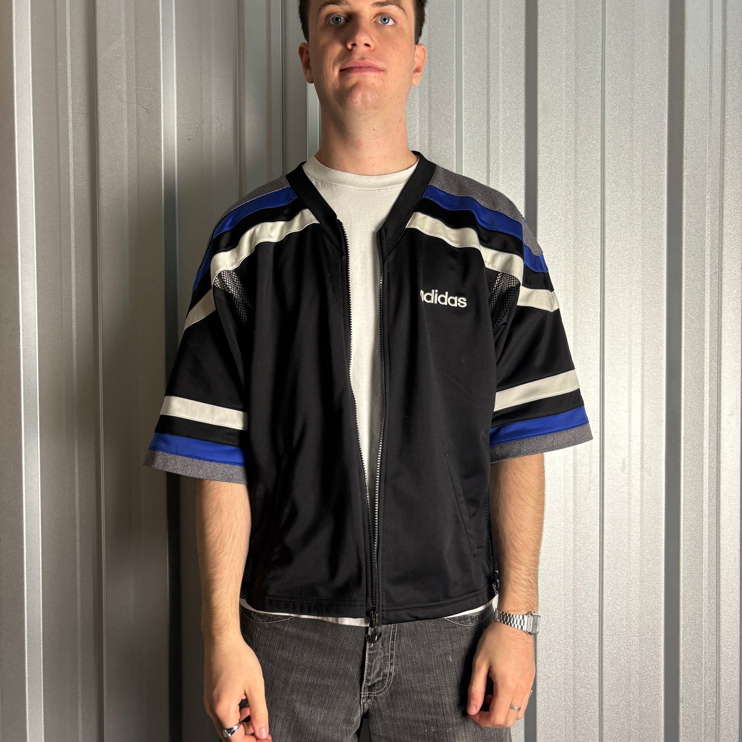 Vintage 90s Adidas Black Zip Embroidered Boxy T-Shirt - M