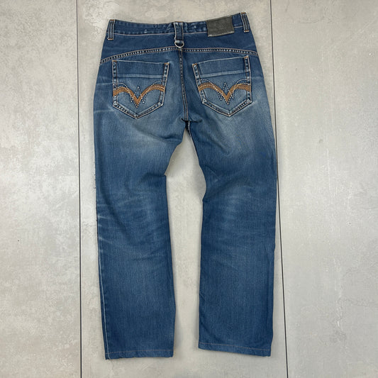 Vintage Rare Big Train Embroidered Japanese Denim Blue Straight Jeans - 34