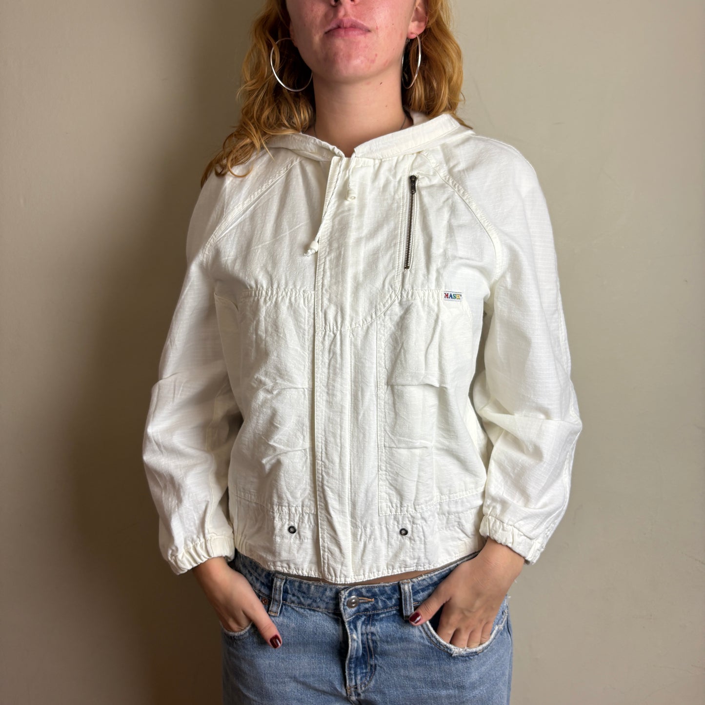 Vintage White Sailing Zip Lightweight Cropped Y2K Jacket - S