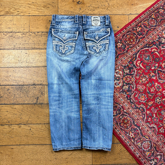 Vintage Rock Revival Blue Embroidered Y2K Hip Hop Straight Jeans - 32