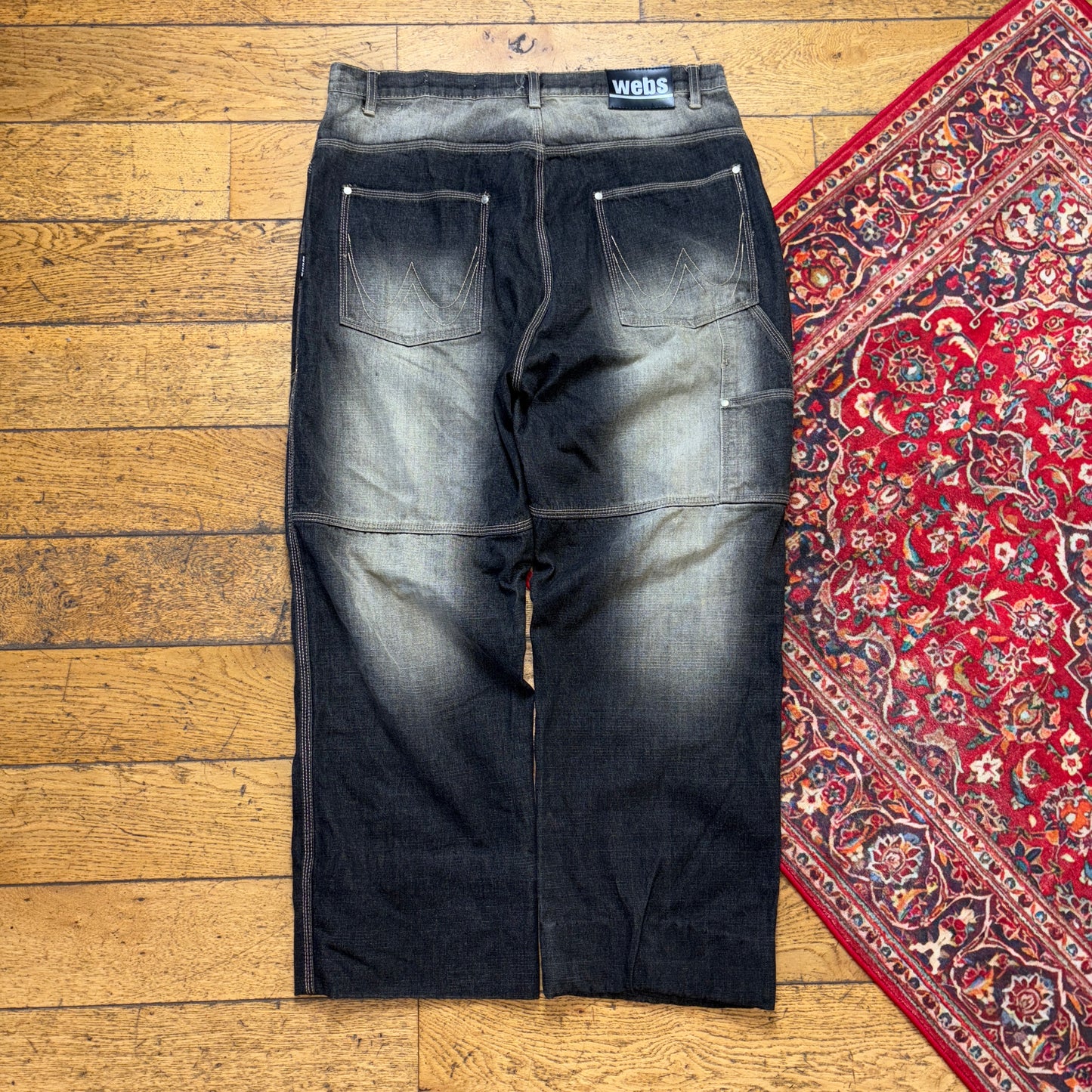 Vintage Webs Black Double Knee Embroidered Y2K Hip Hop Baggy Jeans - 38S