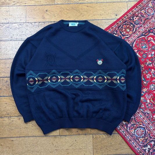 Vintage Wool Embroidered Navy Golf Chunky Knit Jumper - 2XL