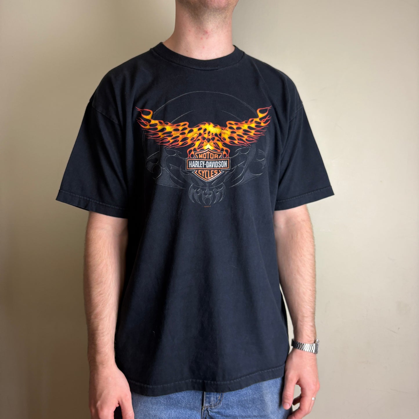 Vintage 2005 Harley Davidson Black Flames Graphic T-Shirt - L