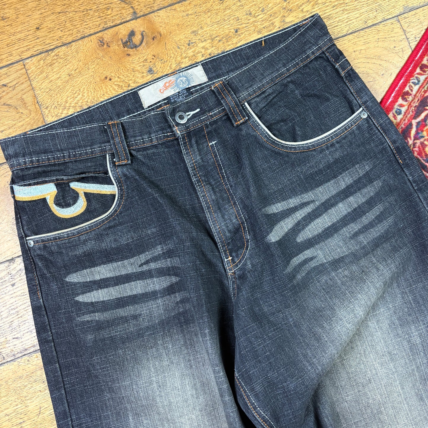 Vintage Black Embroidered Y2K Hip Hop Baggy Jeans - 36