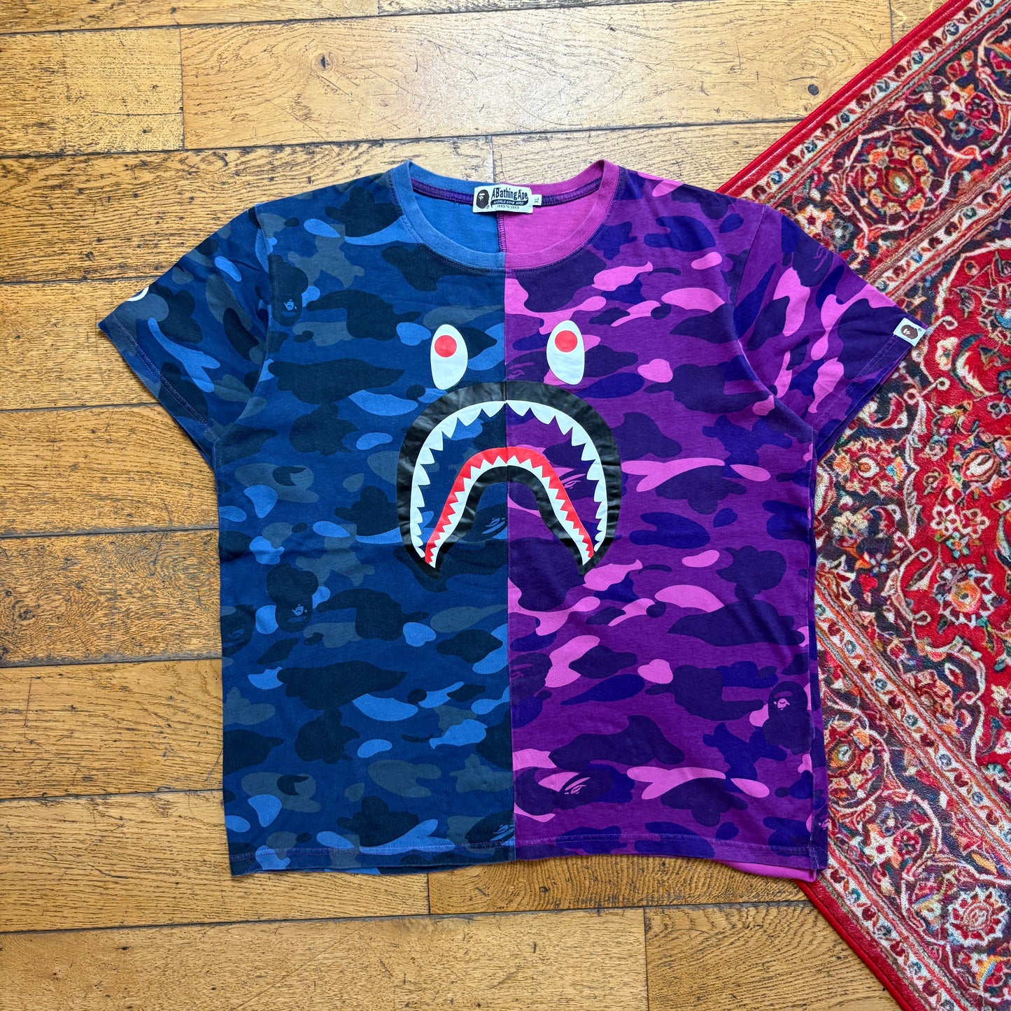Vintage Bape Bathing Ape Purple Blue Camo Shark Graphic T-Shirt - L
