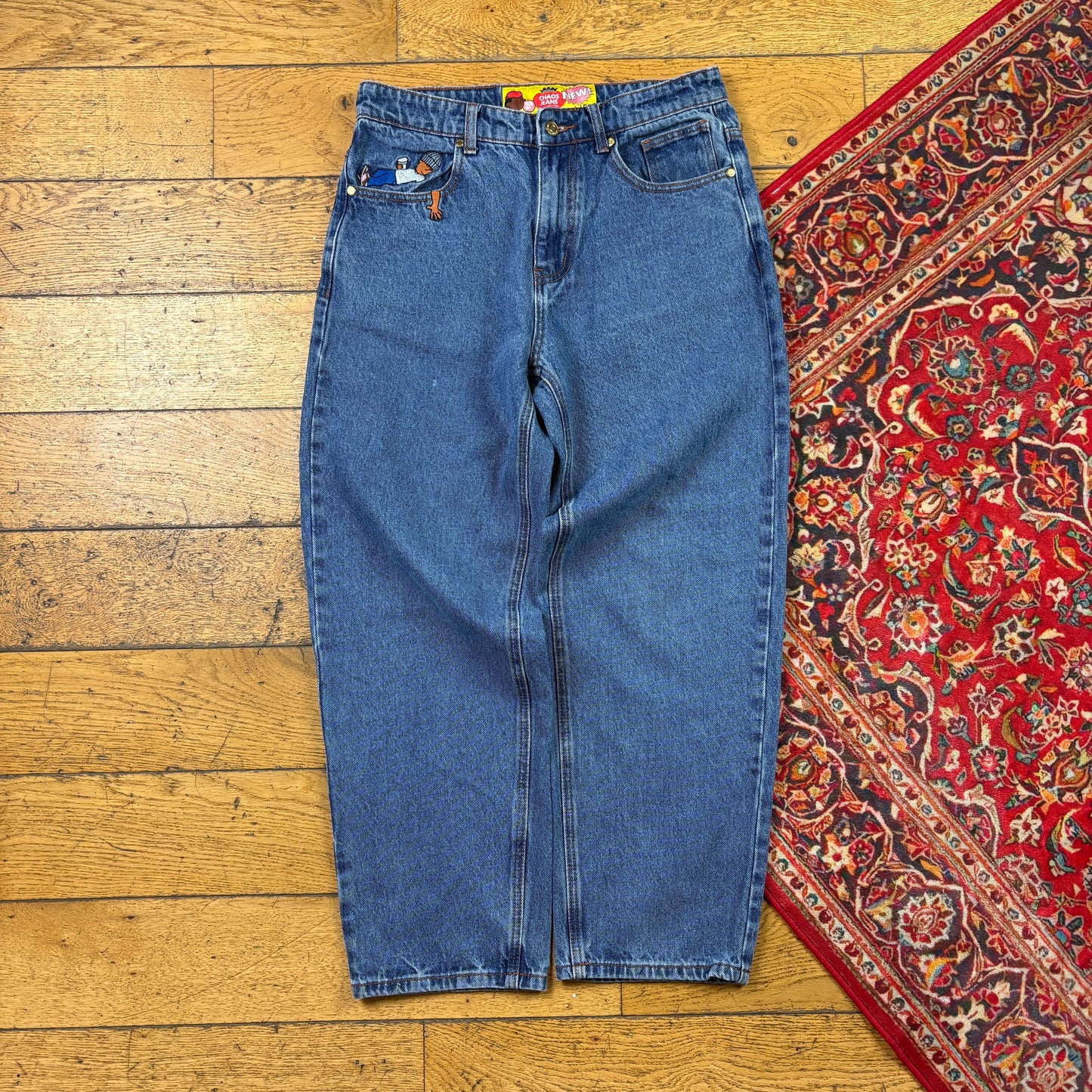 Vintage Chaos Blue Embroidered Y2K Hip Hop Baggy Jeans - 32