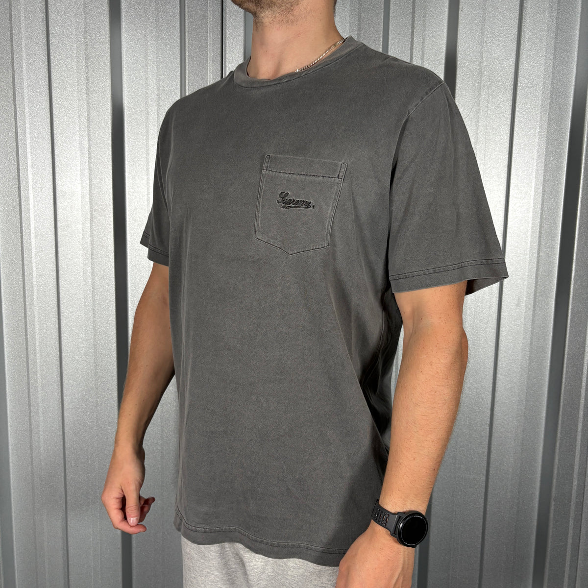 Supreme Grey Embroidered Pocket Logo T Shirt - M