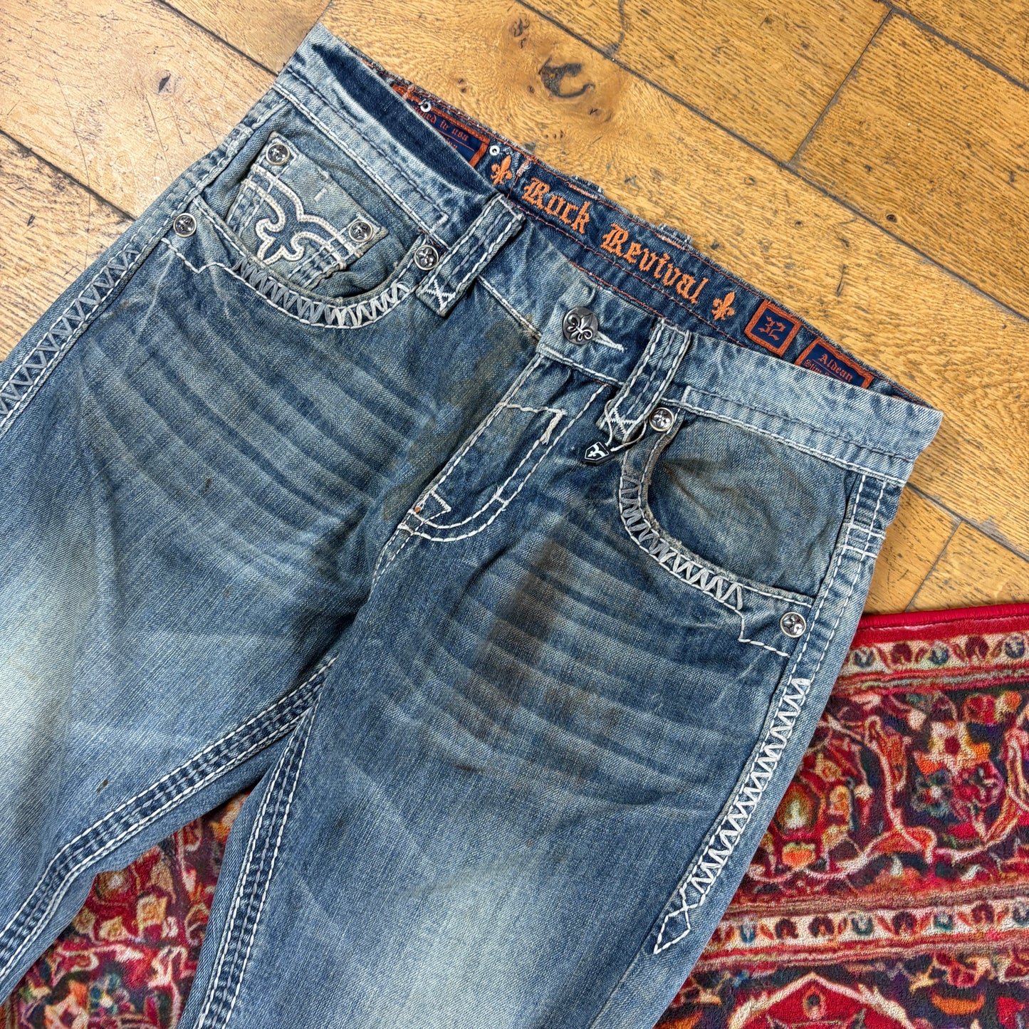 Vintage Rock Revival Blue Embroidered Y2K Hip Hop Straight Jeans - 36