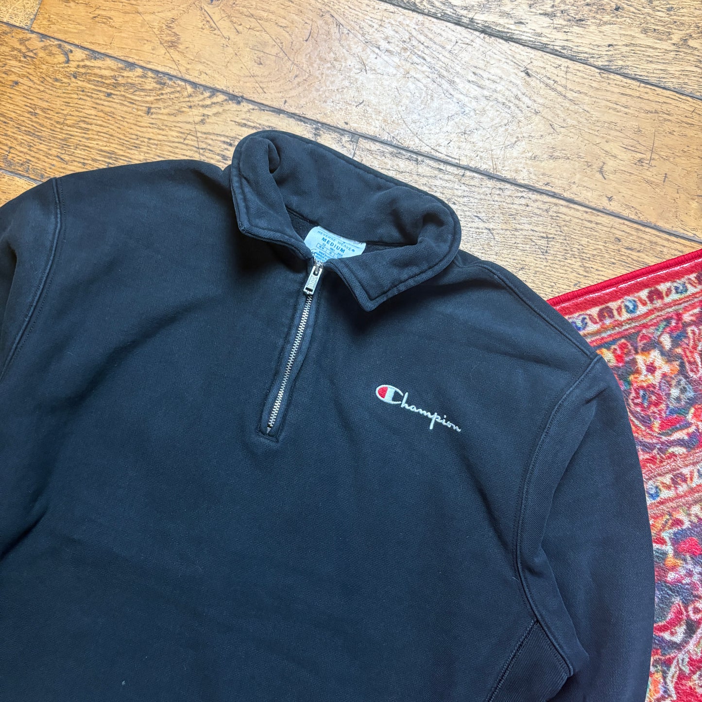 Vintage Champion Black Quarter Zip Embroidered Sweatshirt - M