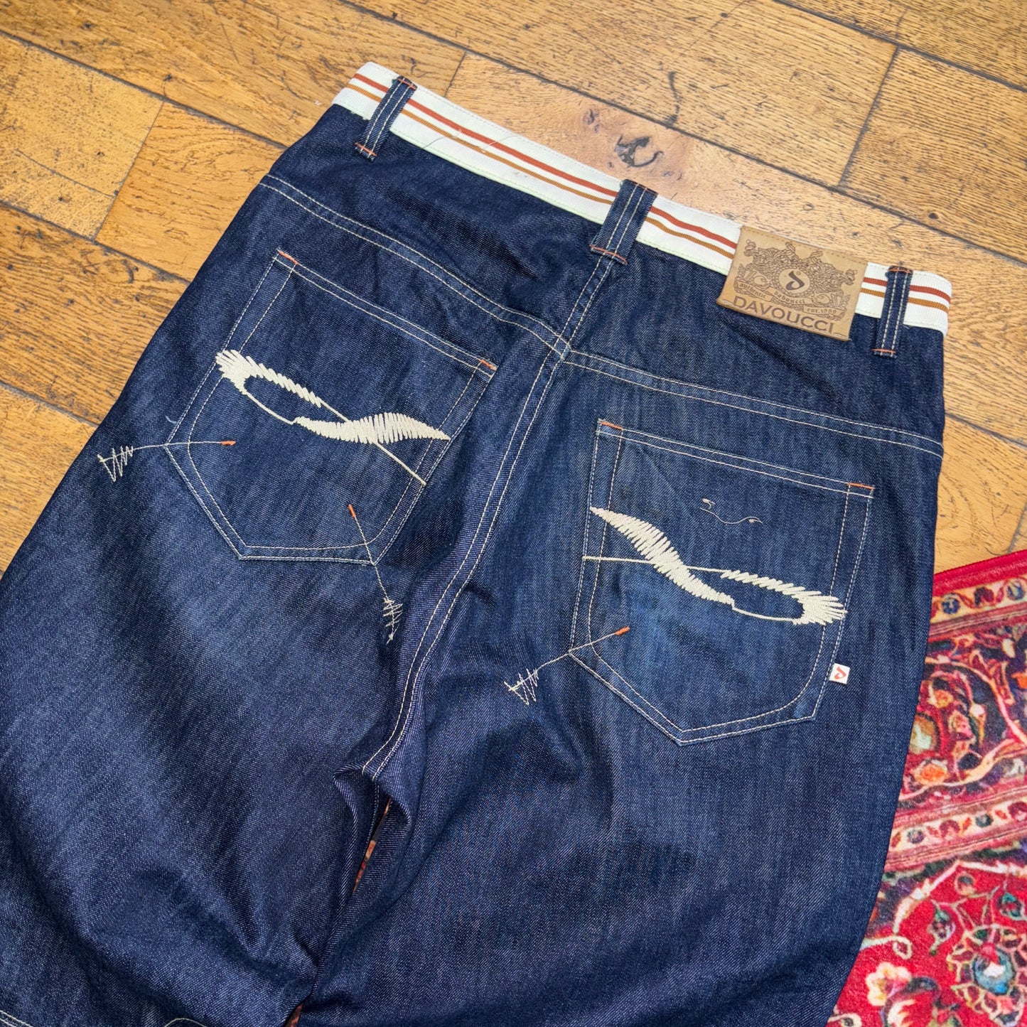 Vintage Embroidered Navy Blue Y2K Hip Hop Baggy Jeans - 38L