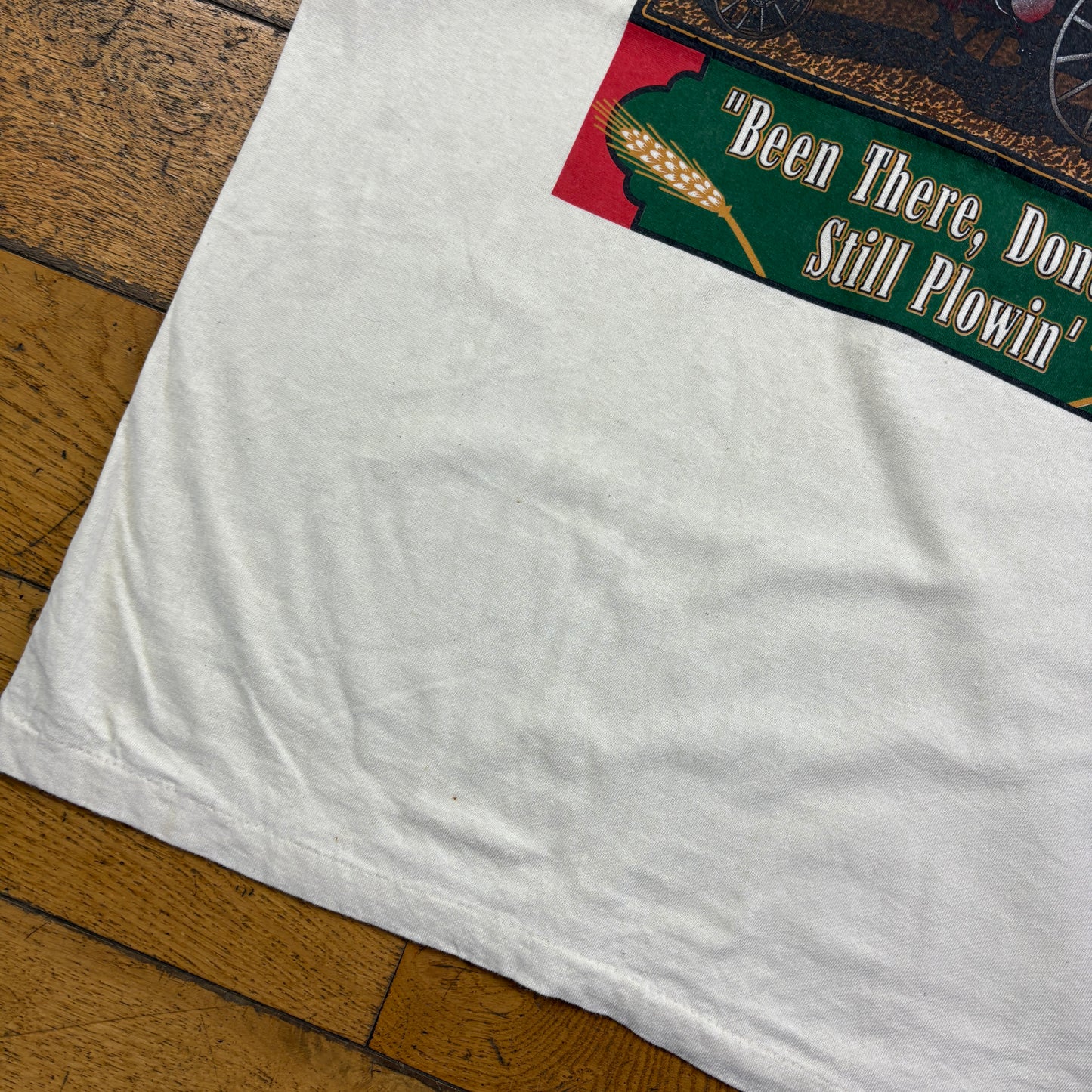 Vintage 1995 Funny Farmers Plowing White Single Stitch Graphic T-Shirt - XL