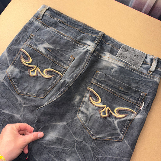 Embroidered Black Grunge Japanese Denim Hip Hop Y2K Straight Jeans - 36S