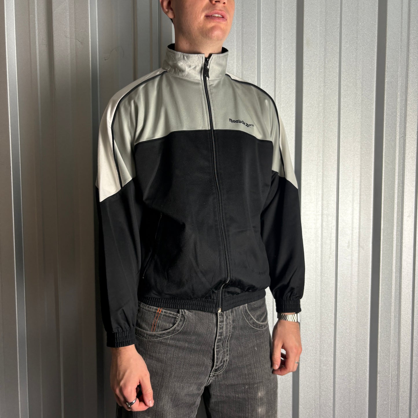 Vintage Reebok 00s Y2K Grey Black Tracksuit Track Jacket - S