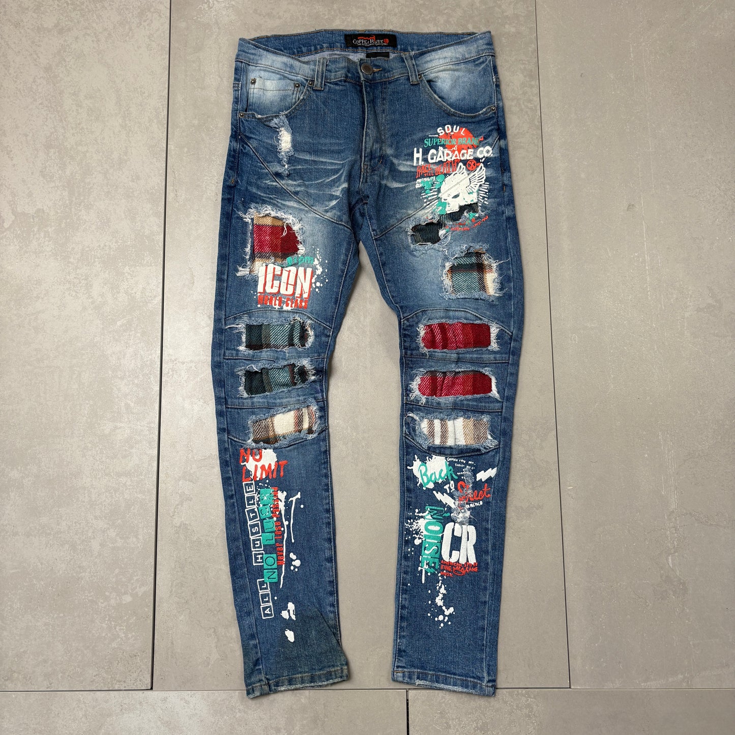 Vintage Embroidered Hip Hop Skinny Blue Jeans - 32
