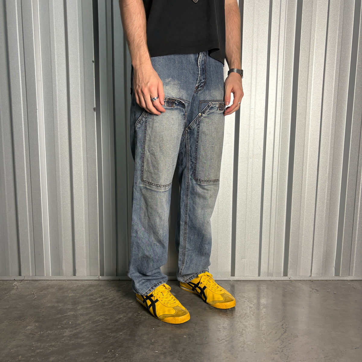 Blue Embroidered Double Knee Japanese Denim Hip Hop Y2K Baggy Jeans - 32R
