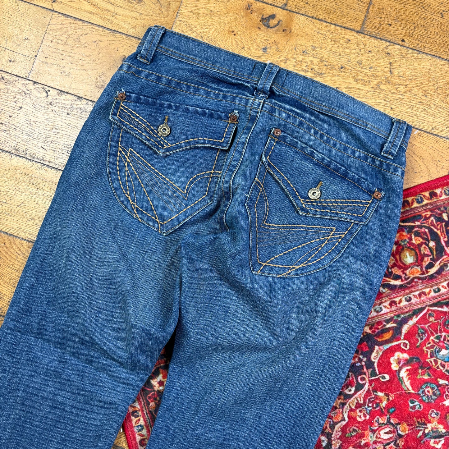 Vintage Nobo Blue Embroidered Y2K Hip Hop Bootcut Baggy Jeans - 36