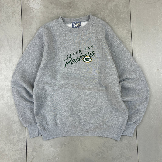 Vintage 90s NFL Green Bay Packers Embroidered Grey and Green Sweatshirt - M