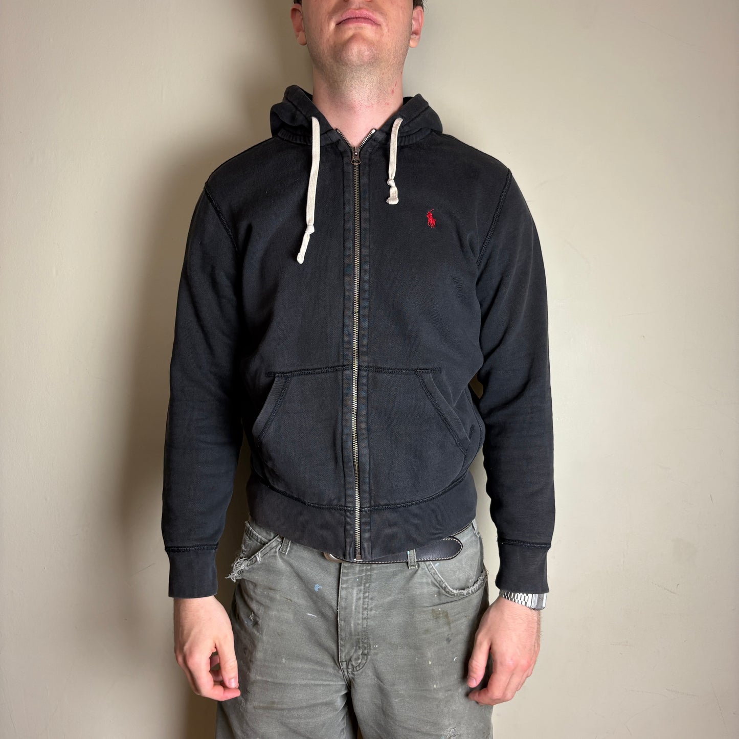 Vintage Ralph Lauren Black Zip Hoodie Embroidered Sweatshirt - M