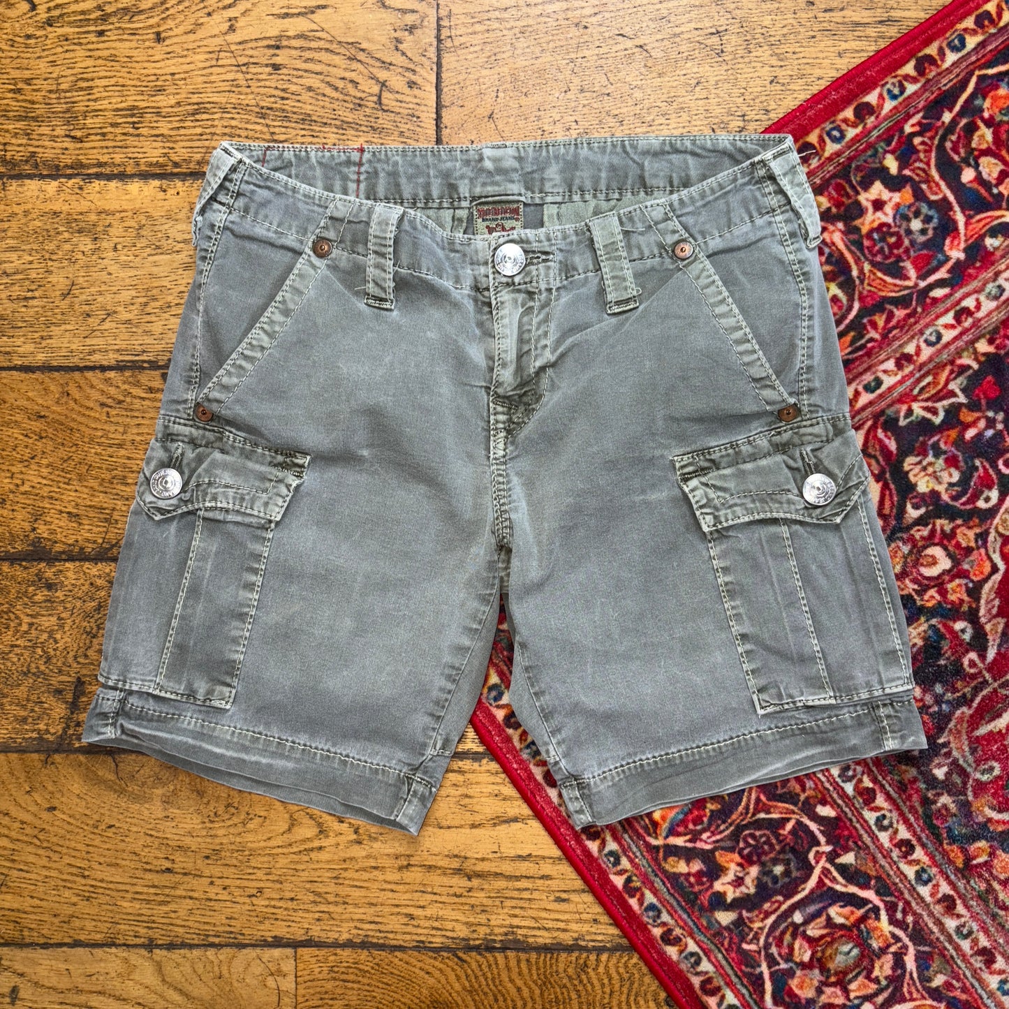 Vintage True Religion Green Y2K Hip Hop Cargo Jeans Shorts Jorts - 30