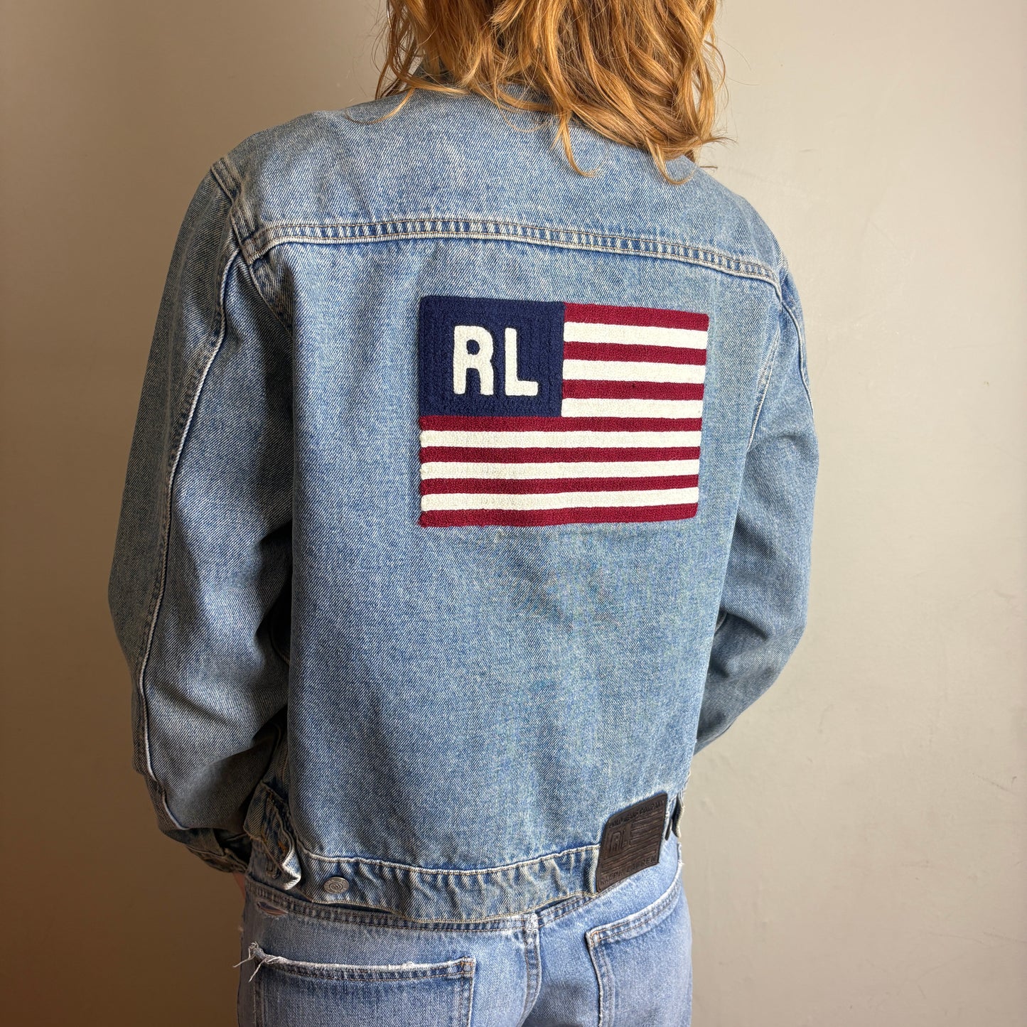 Vintage Ralph Lauren Polo Jeans Womens USA Flag Blue Denim Trucket Jacket - M