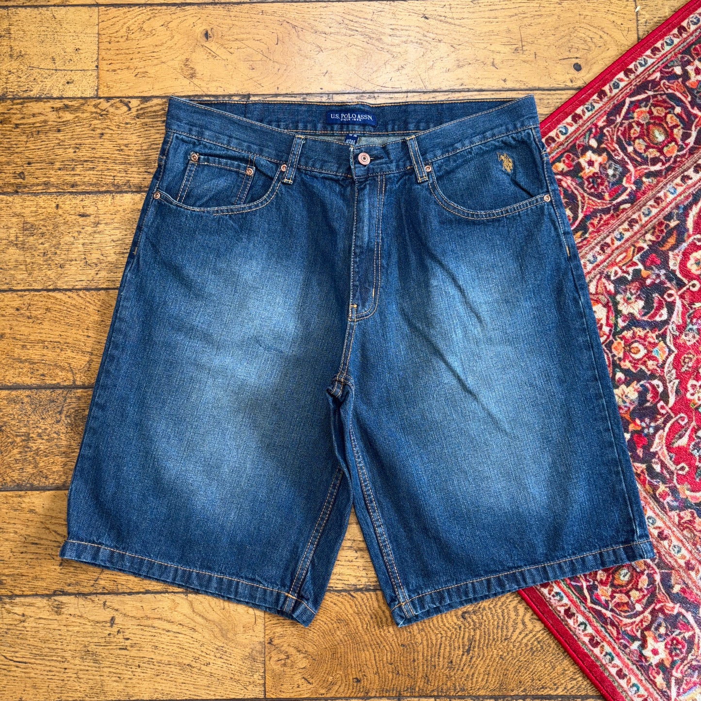 Vintage US Polo ASSN Blue Embroidered Y2K Hip Hop Baggy Jeans Shorts Jorts - 38
