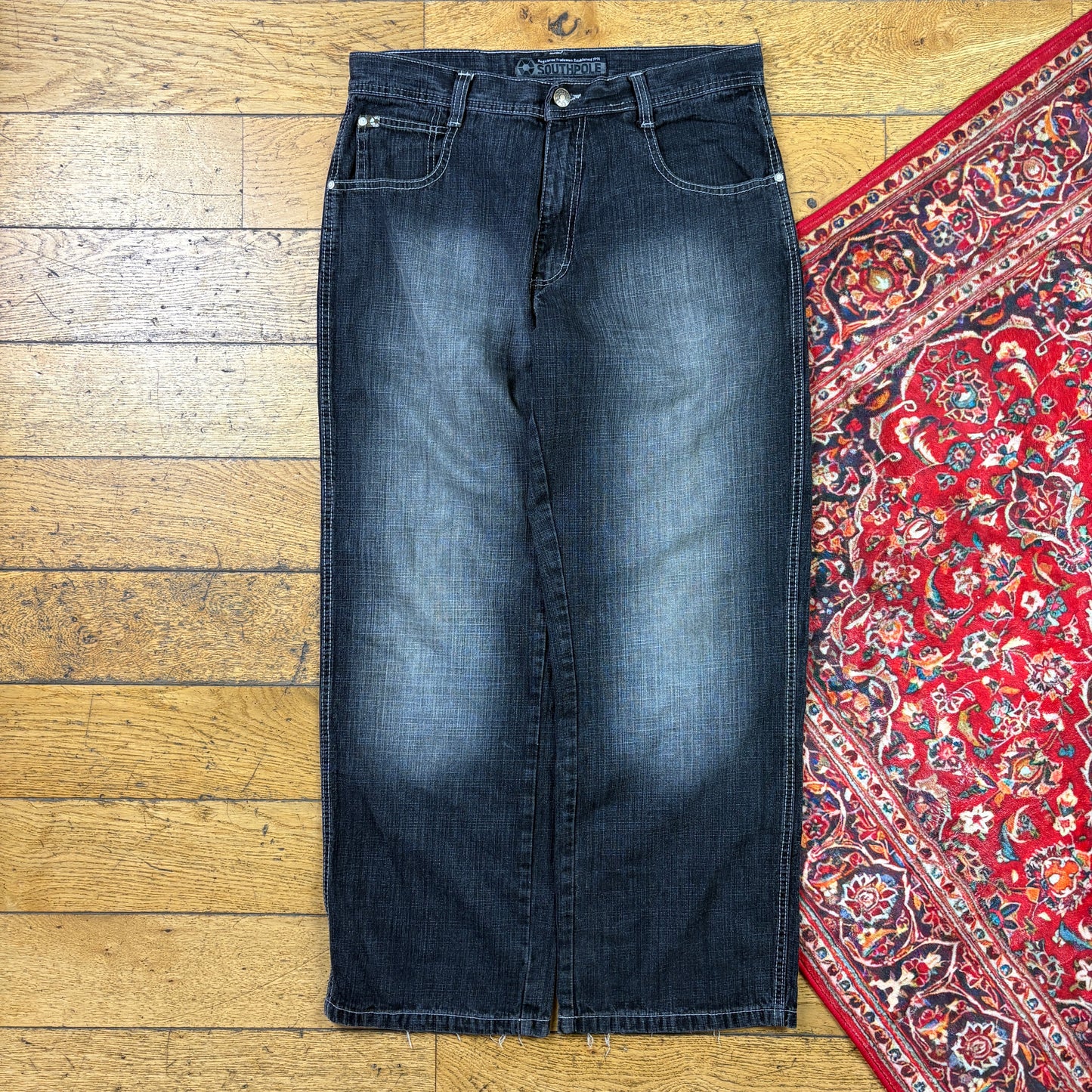 Vintage Southpole Black Embroidered Y2K Hip Hop Baggy Jeans - 36