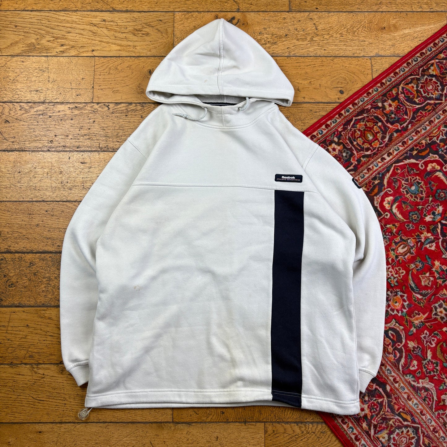 Vintage Reebok Cream Navy Hoodie Embroidered Sweatshirt - XL