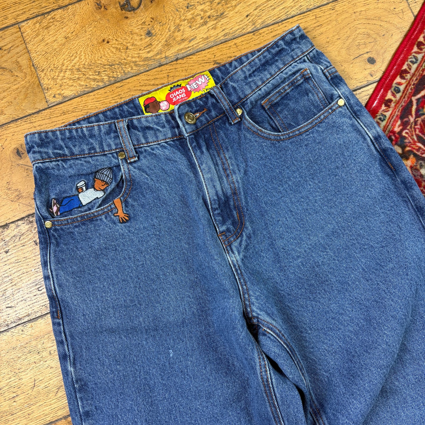 Vintage Chaos Blue Embroidered Y2K Hip Hop Baggy Jeans - 32