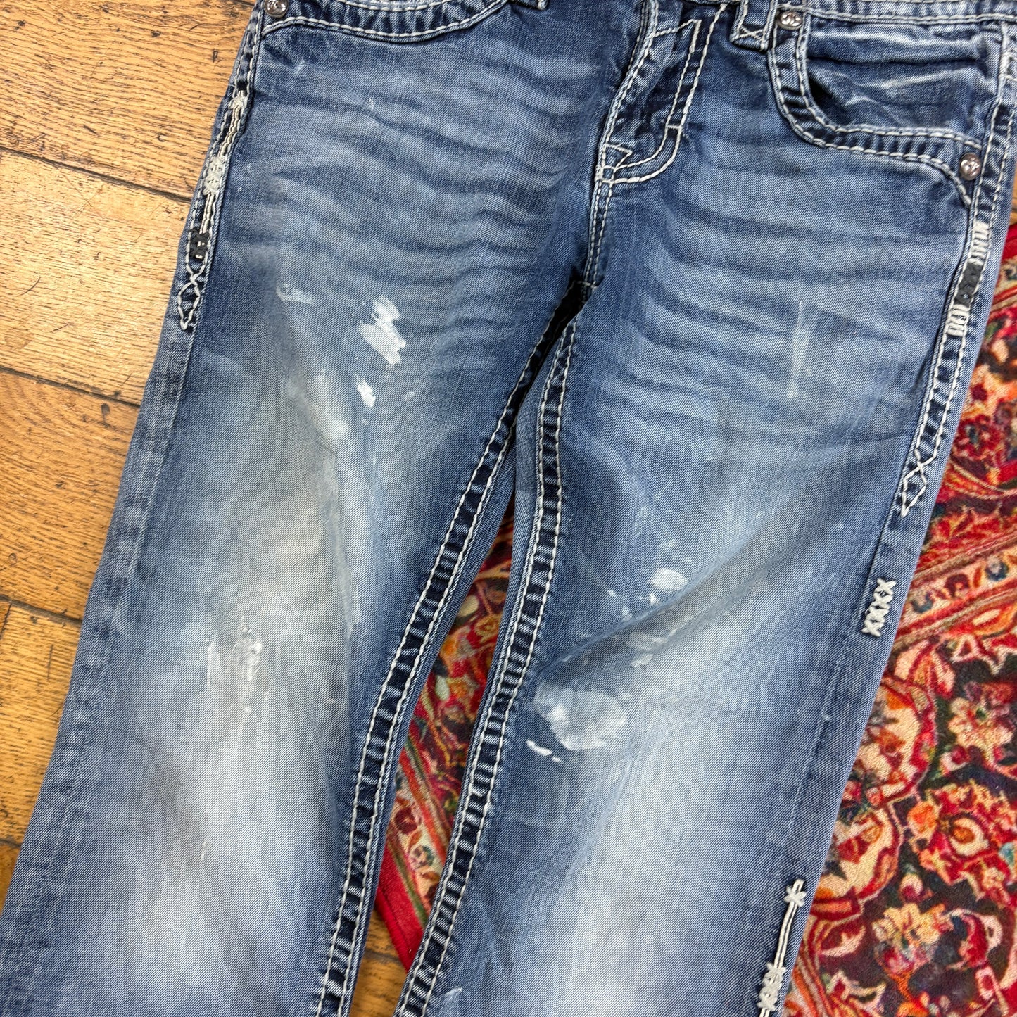 Vintage Rock Revival Blue Embroidered Y2K Hip Hop Straight Jeans - 34