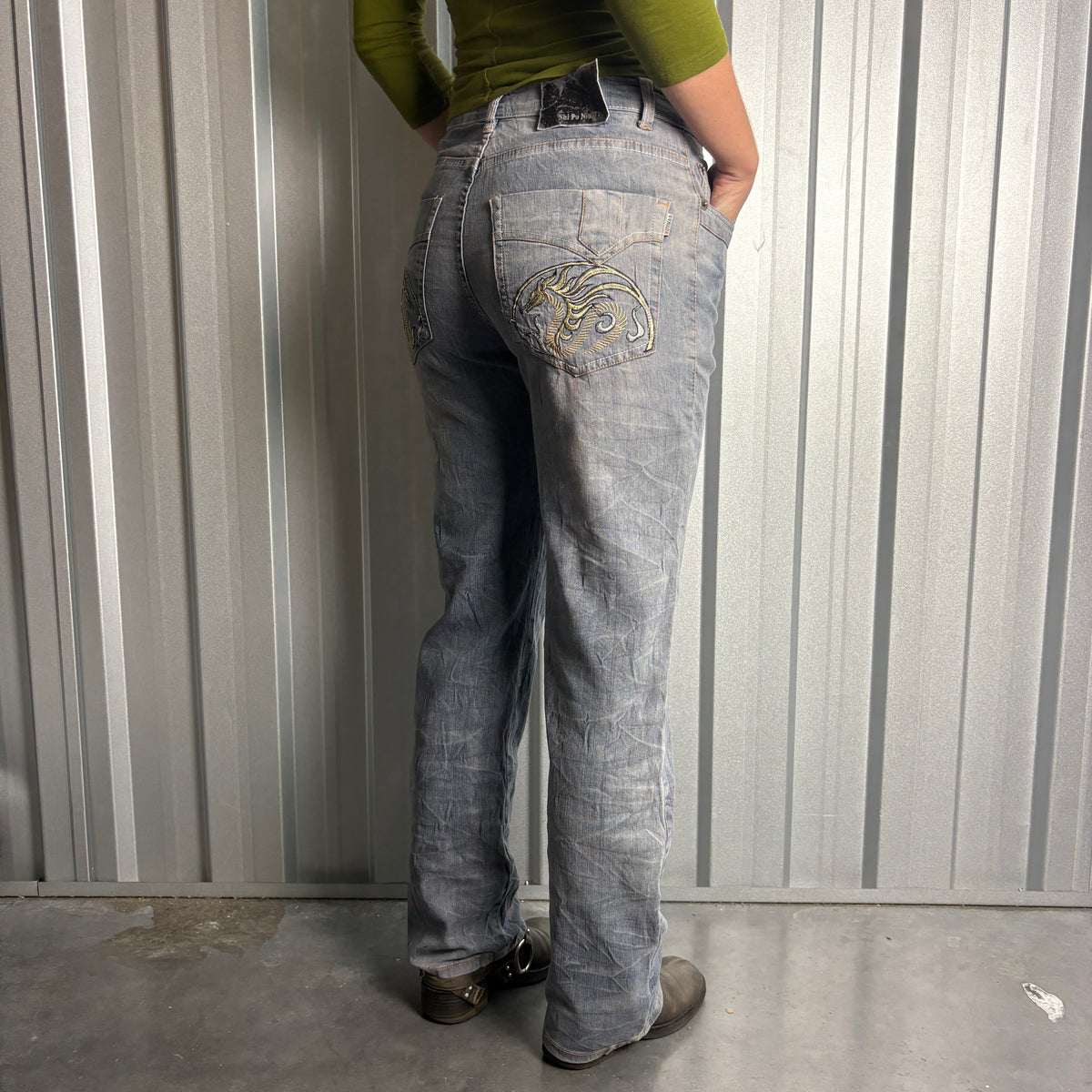 Embroidered Blue Dragon Japanese Denim Hip Hop Y2K Baggy Jeans - 30R