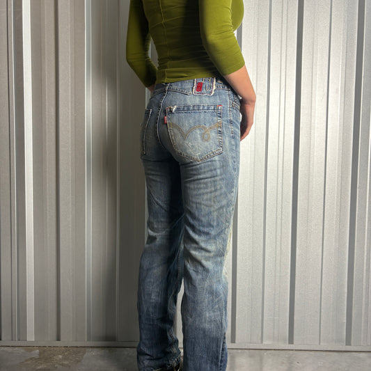 Denma Blue Embroidered Japanese Denim Hip Hop Y2K Baggy Jeans - 30R