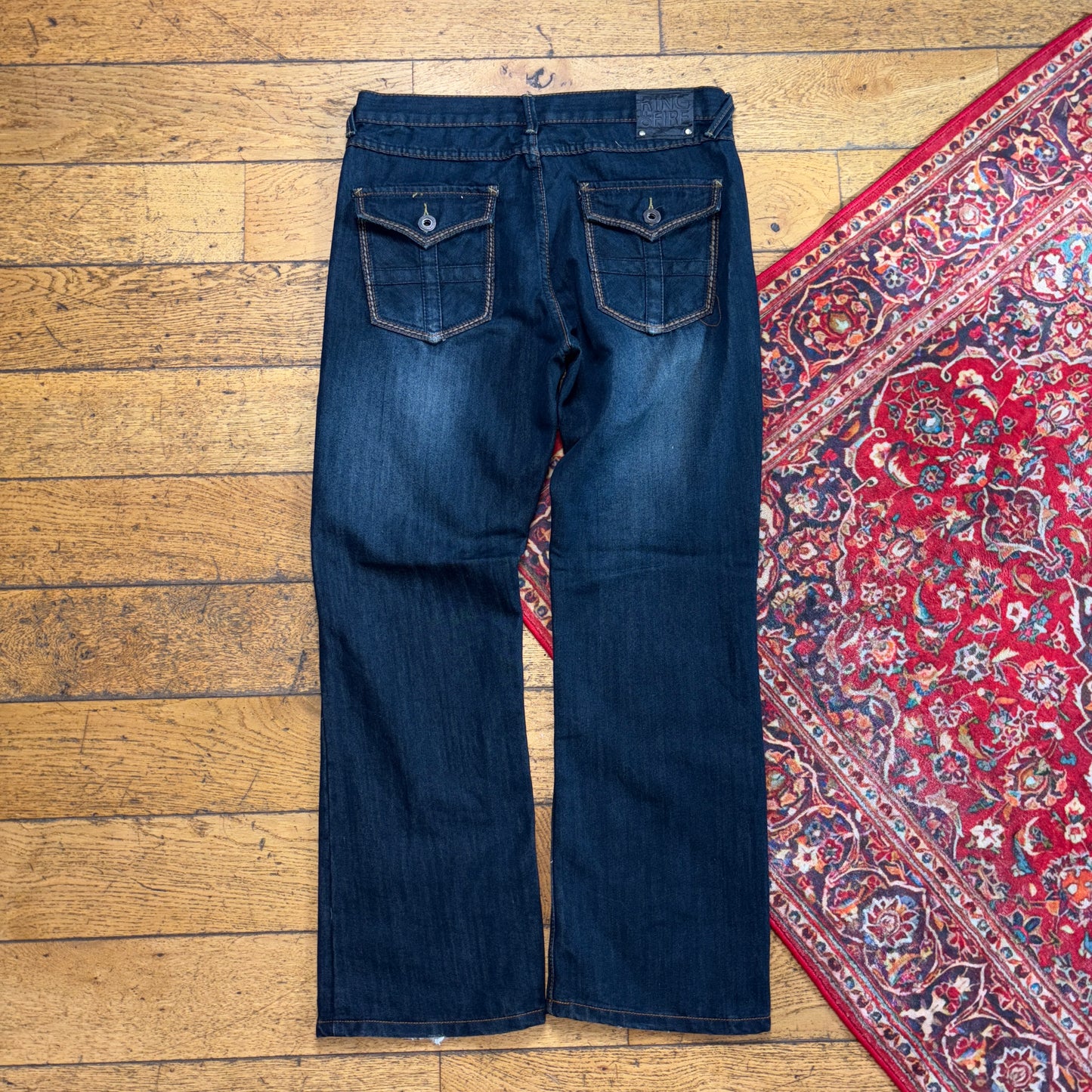 Vintage Navy Blue Embroidered Y2K Hip Hop Bootcut Baggy Jeans - 34S