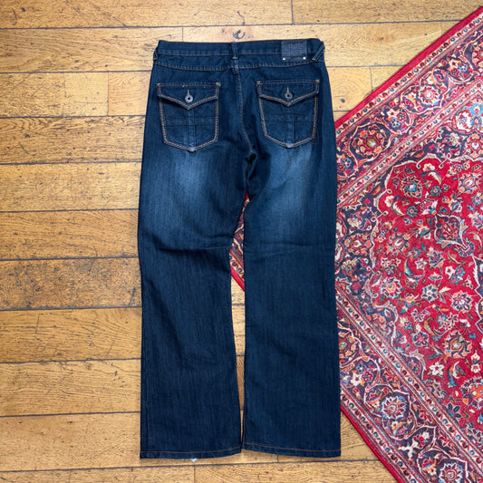 Vintage Navy Blue Embroidered Y2K Hip Hop Bootcut Baggy Jeans - 34S
