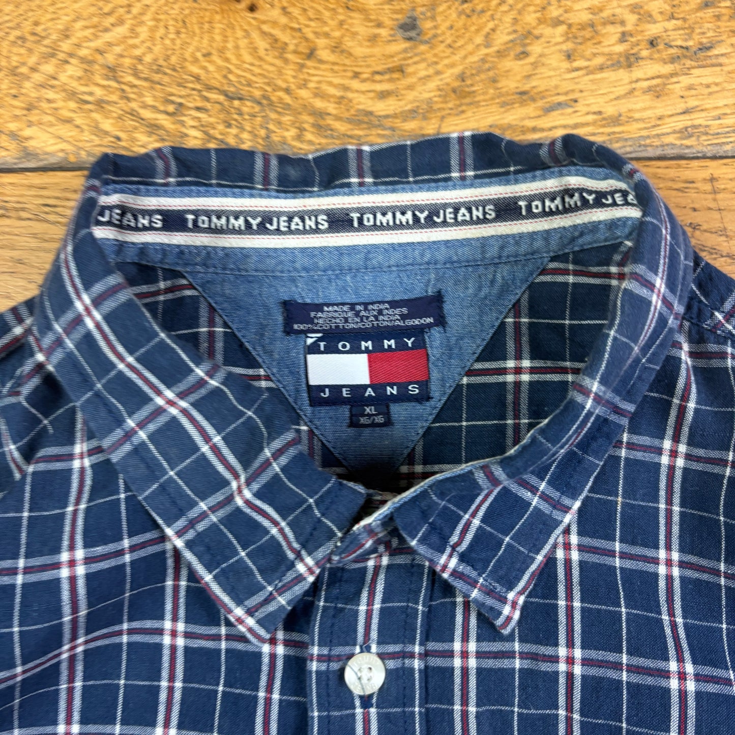 Vintage Tommy Jeans Hilfiger Navy Check Short Sleeve Boxy Embroidered Shirt - XL