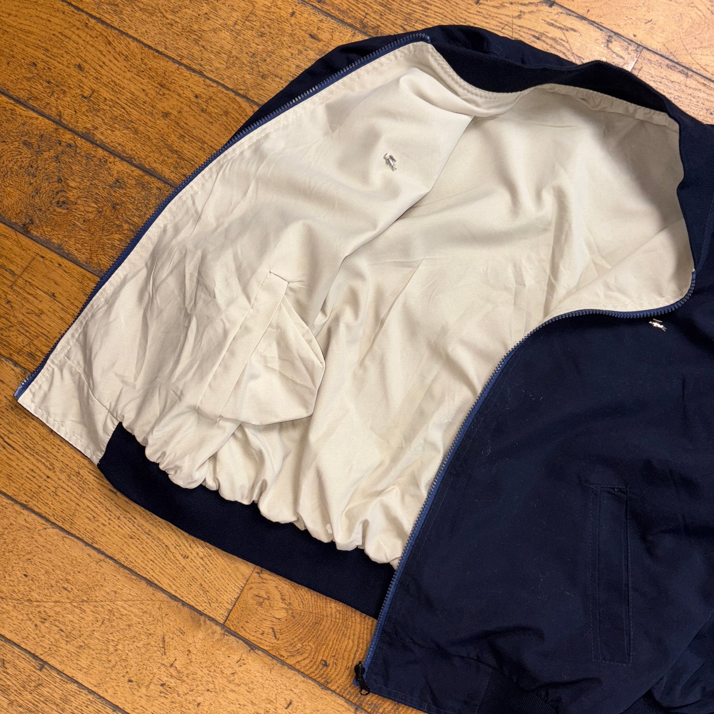 Vintage Lacoste Dark Navy Reversible Cream Bomber Jacket - L