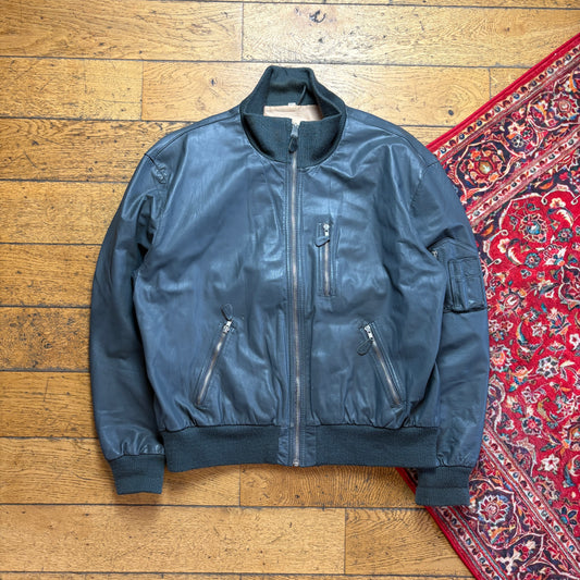Vintage Grey Leather Aviator Bomber Jacket - XL