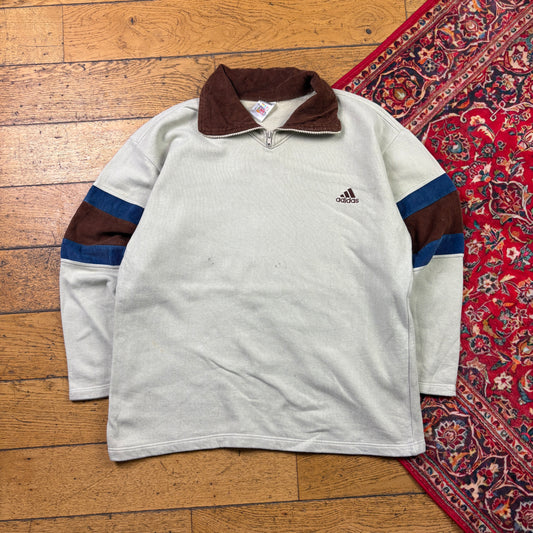 Vintage 90s Adidas Cream Corduroy Zip Embroidered Sweatshirt - L